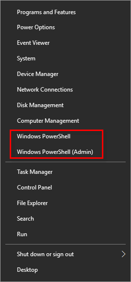בחר שורת פקודה או Windows PowerShell Admin.