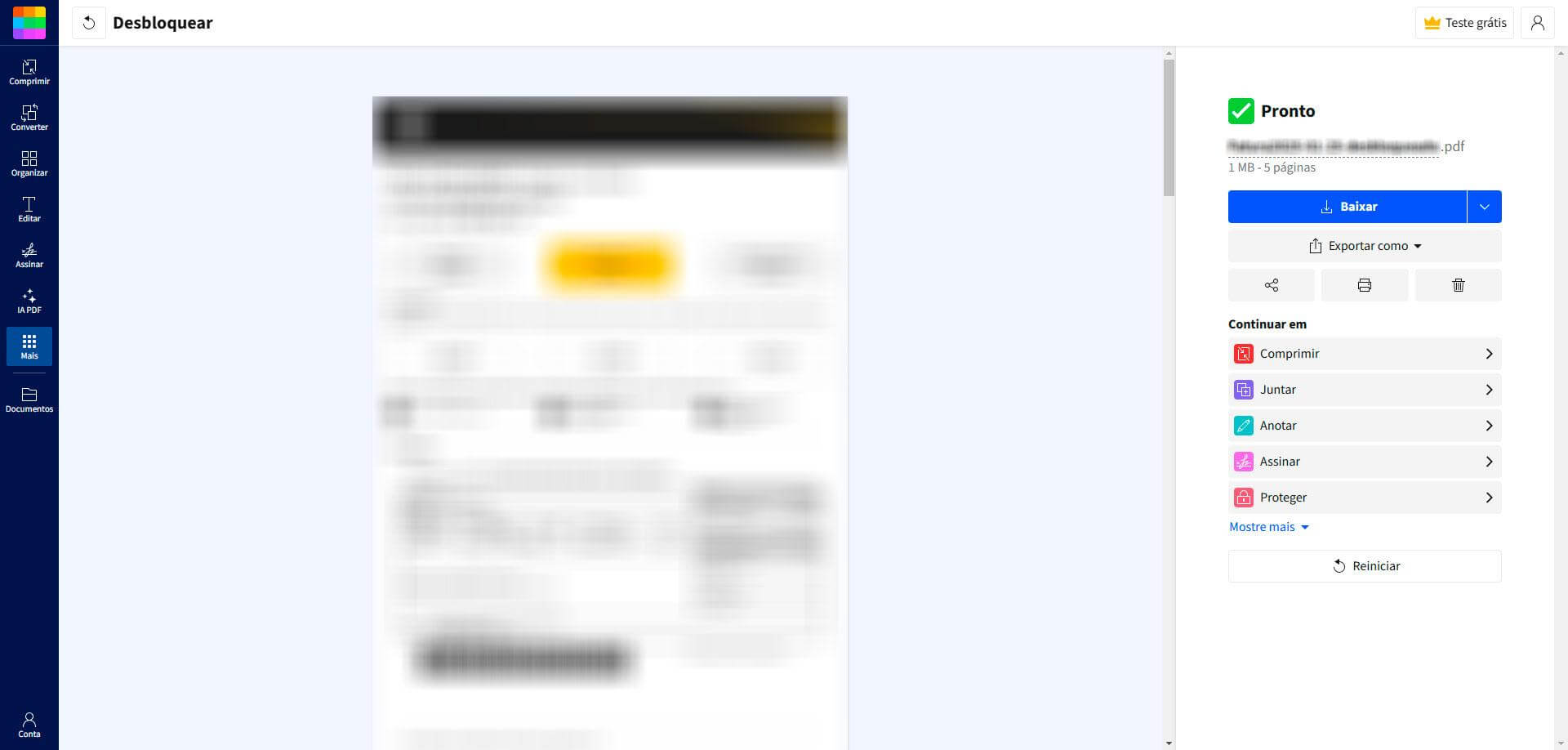 baixando seu PDF desbloqueado no SmallPDF