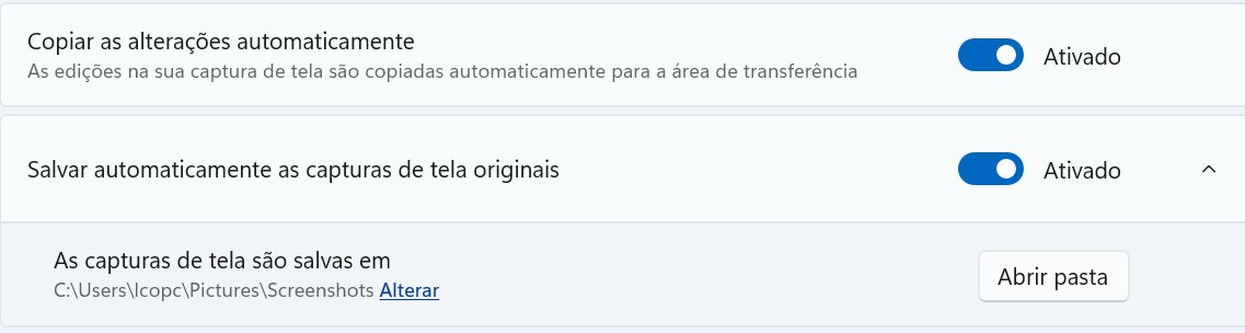 configurações de pasta das capturas de tela
