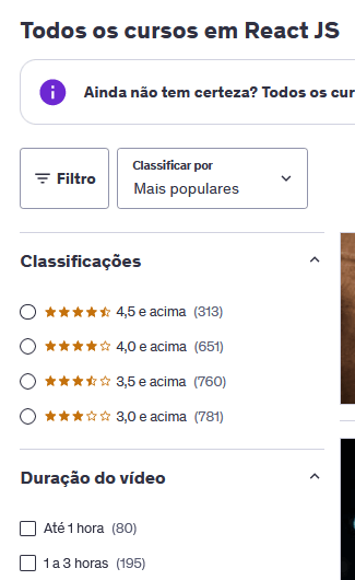 menu de filtros da Udemy