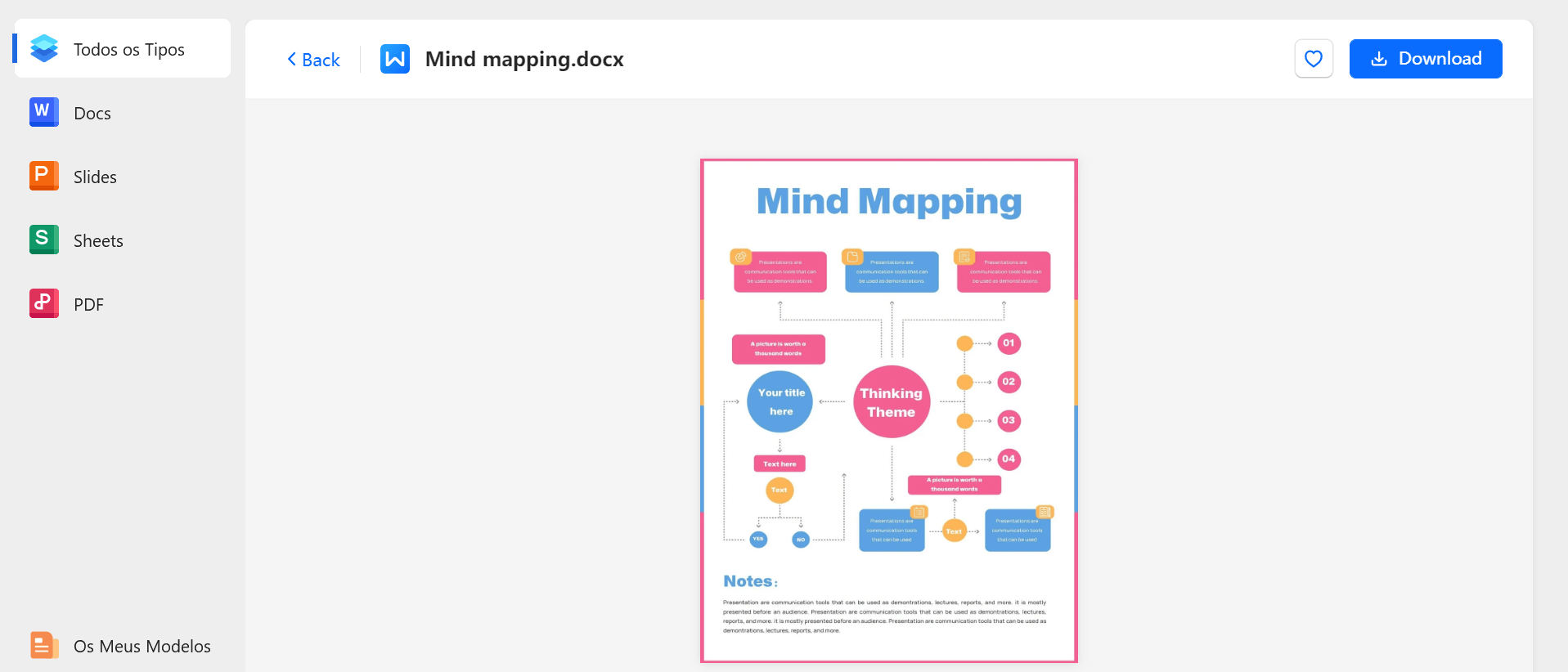 página do modelo no wps