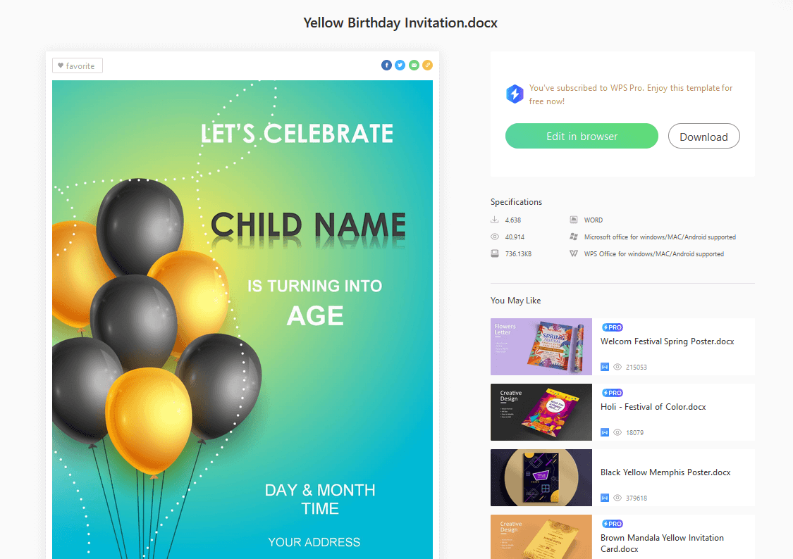 página do modelo no wps templates