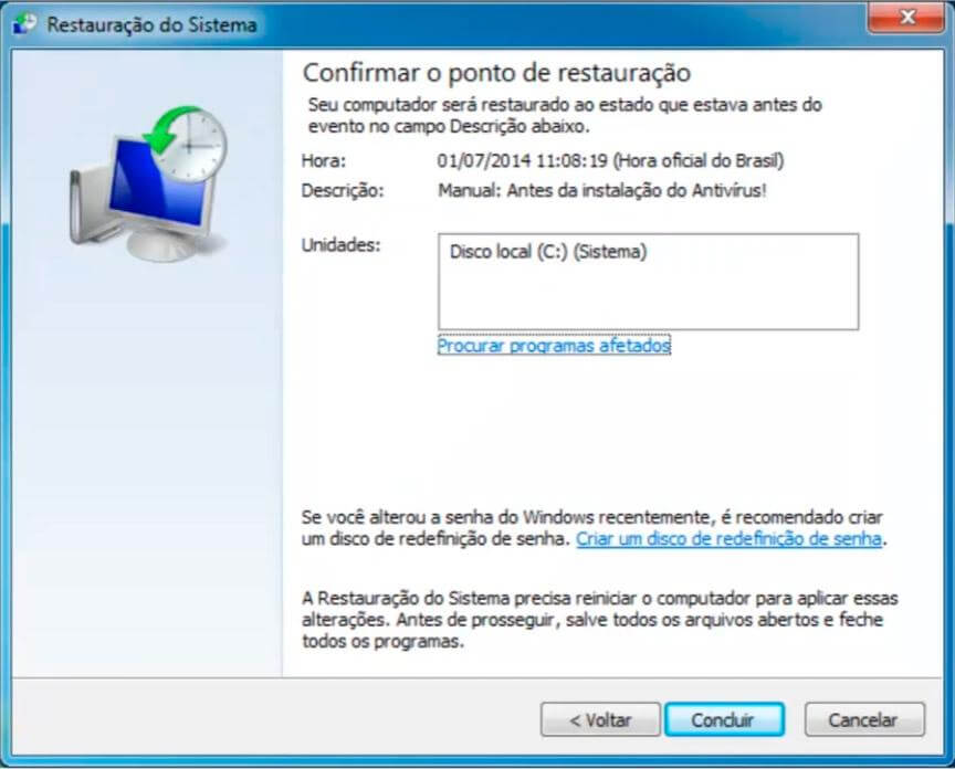 Restaurando o sistema no Windows 7