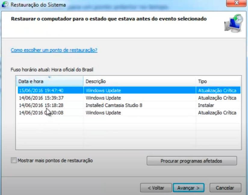 Escolhendo seu ponto de restauração