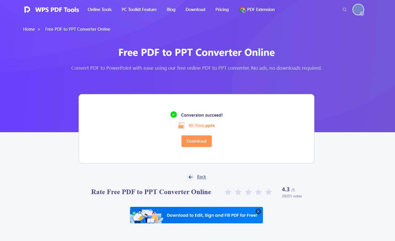 Baixando seu arquivo convertido para PPT
