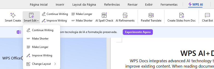 Para isso, é só clicar em WPS AI, em cima, depois em “Smart Edit”.