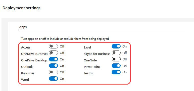 Select Office Apps to include in Customization tool