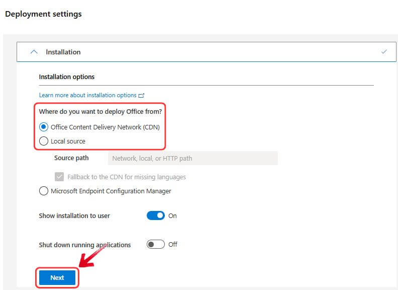 Office Deployment Installation options