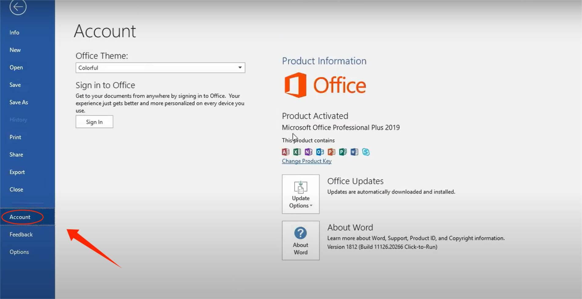 Tampilan Menu Account di Aplikasi Microsoft Word