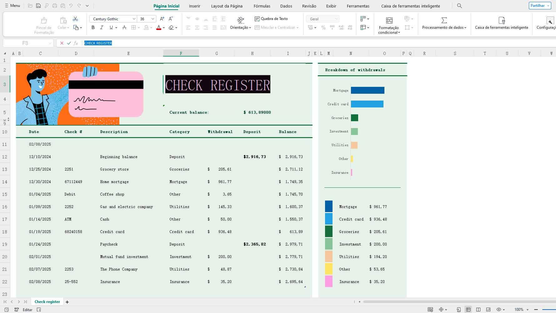  Editando sua planilha de fluxo de caixa