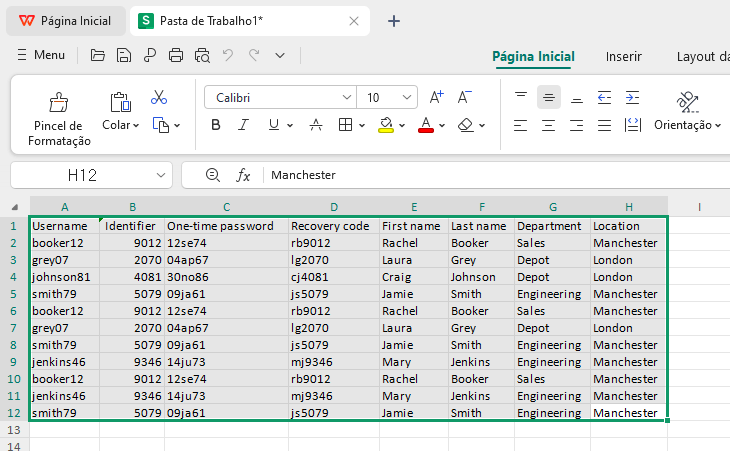 Selecionando células no WPS