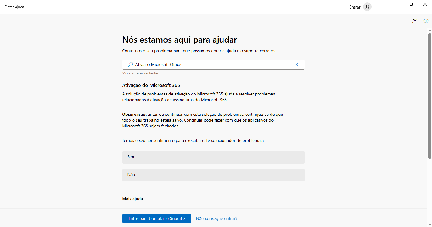 Menu da Resolução de problemas do Office