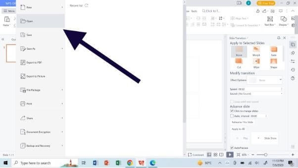 فتح القائمة في WPS Slides