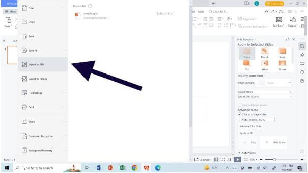  تصدير إلى PDF في WPS Slides