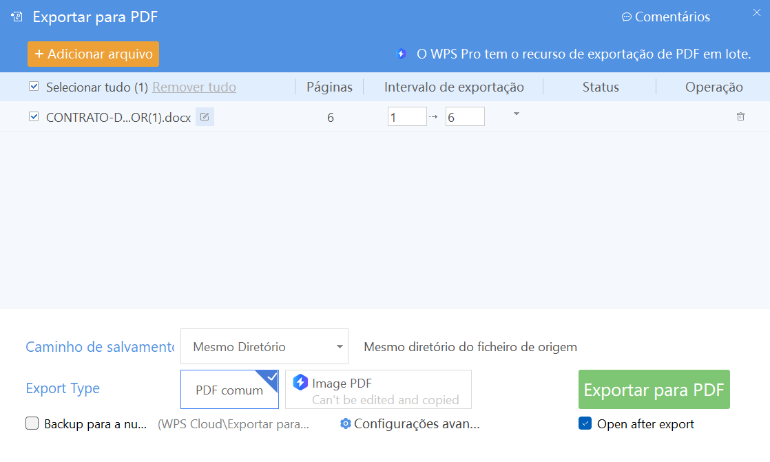 exportando para PDF no WPS Office