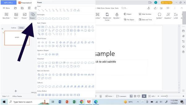 إضافة الأشكال في WPS Slides