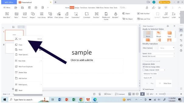 تغيير موضع الشريحة في WPS Slides