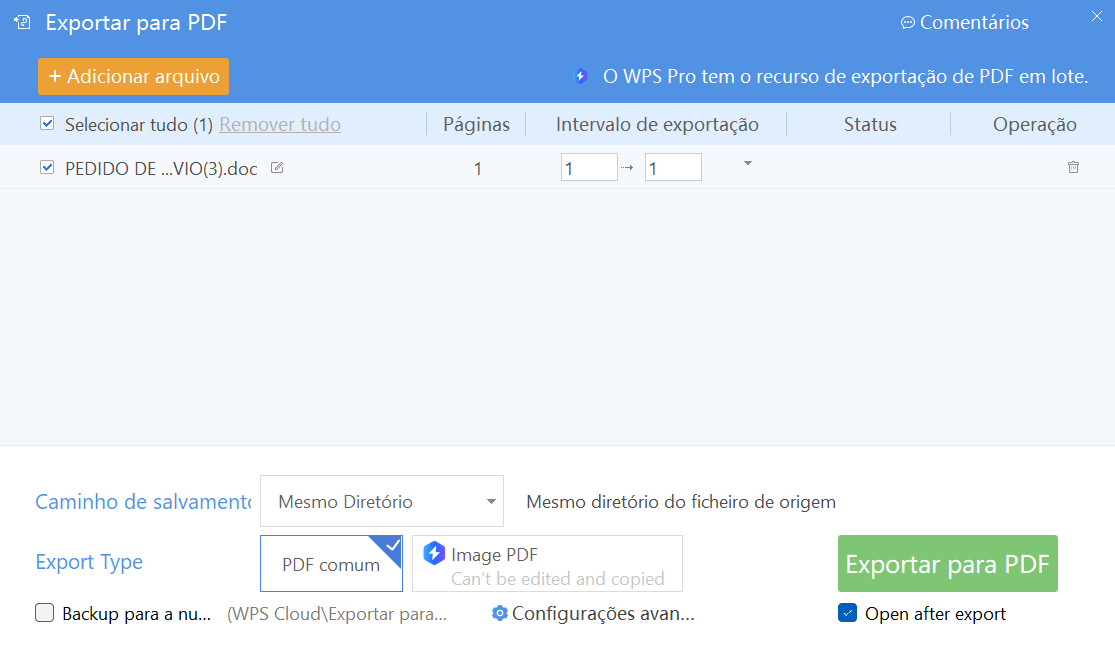 exportando para PDF no WPS Office