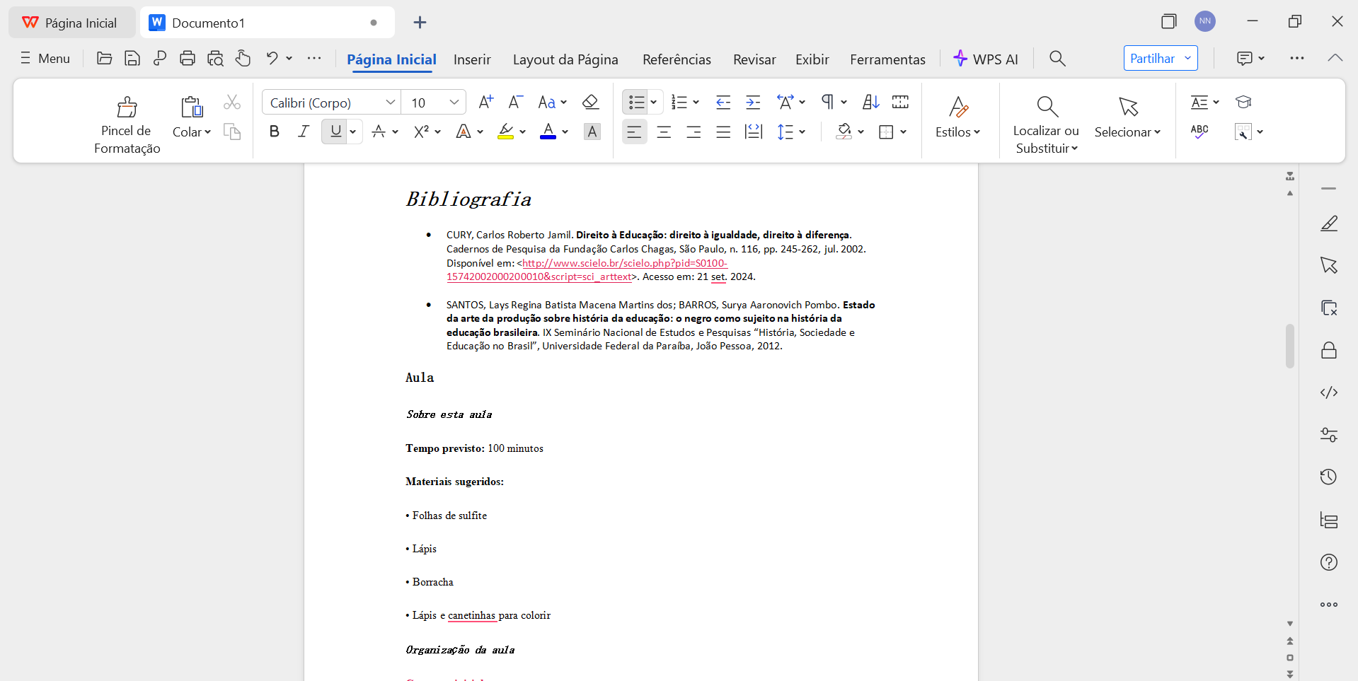 plano de aula no WPS Office