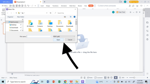 فتح ملف للتحويل في WPS Presentation