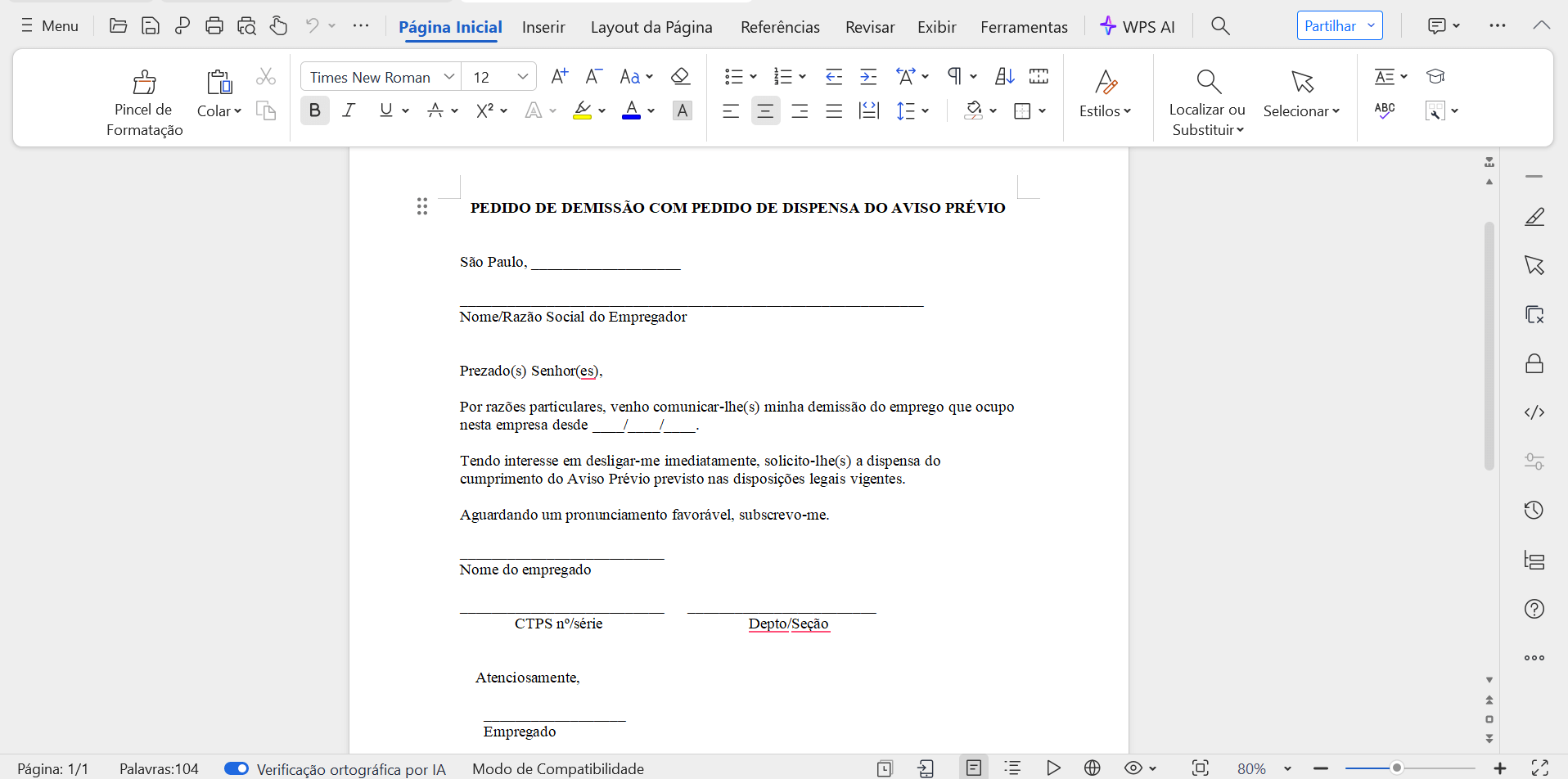 carta de demissão no WPS
