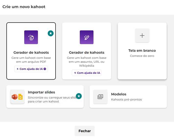 Opções para criar um Kahoot!