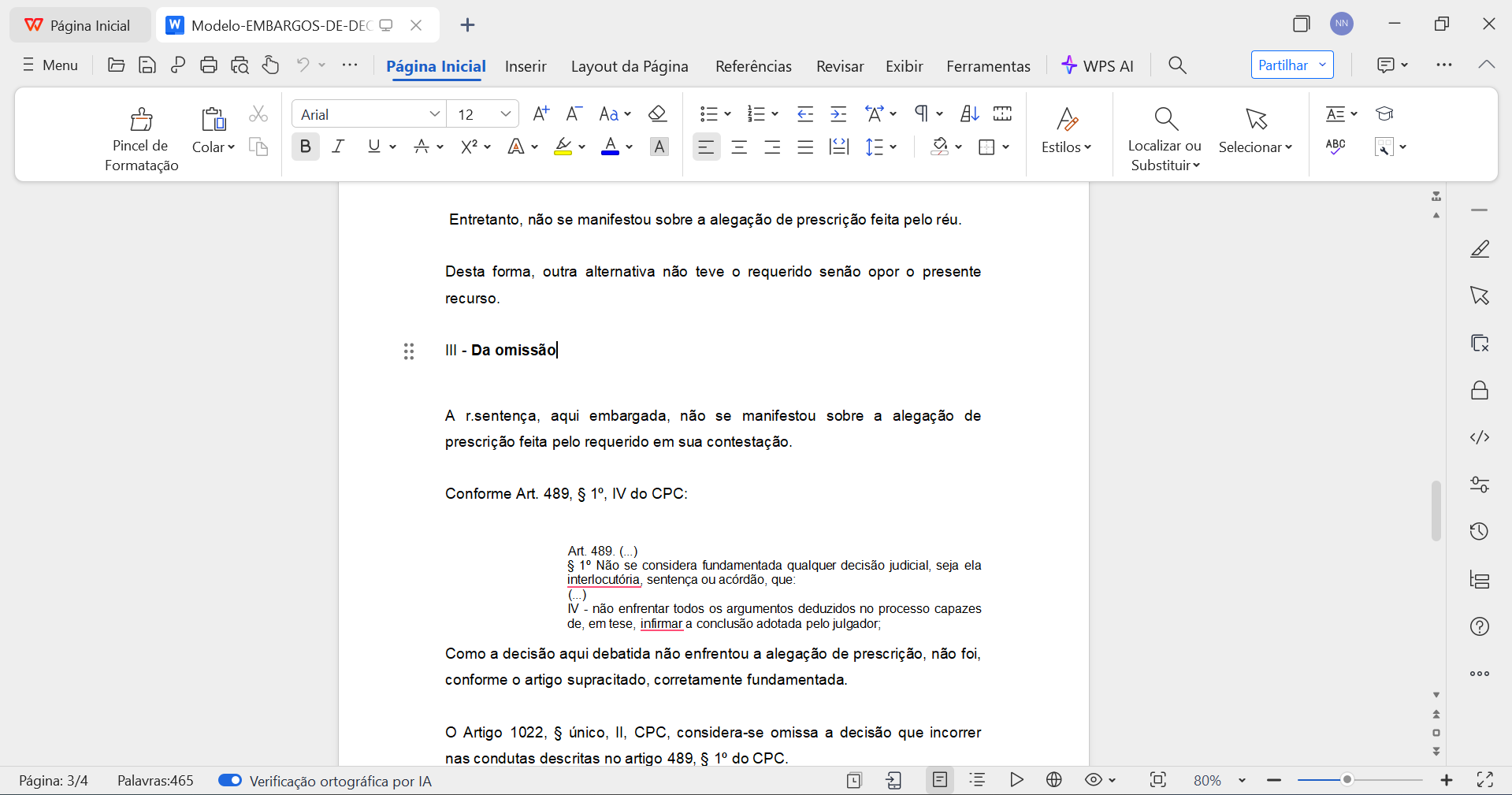  modelo de embargo de declaração aberto no WPS Office