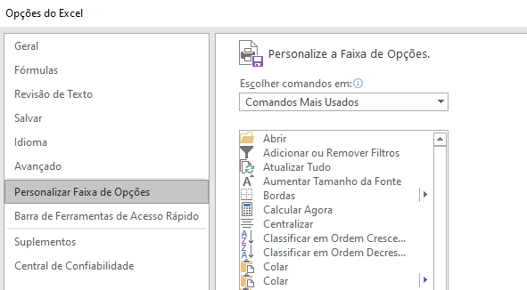Personalizar a Faixa de Opções