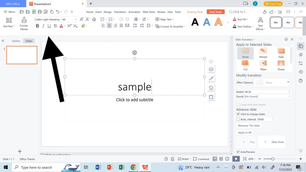 WPS Presentation عريض، مائل وتظليل