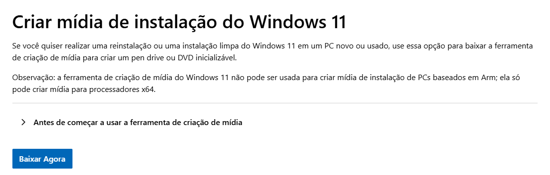 baixando o instalador do Windows