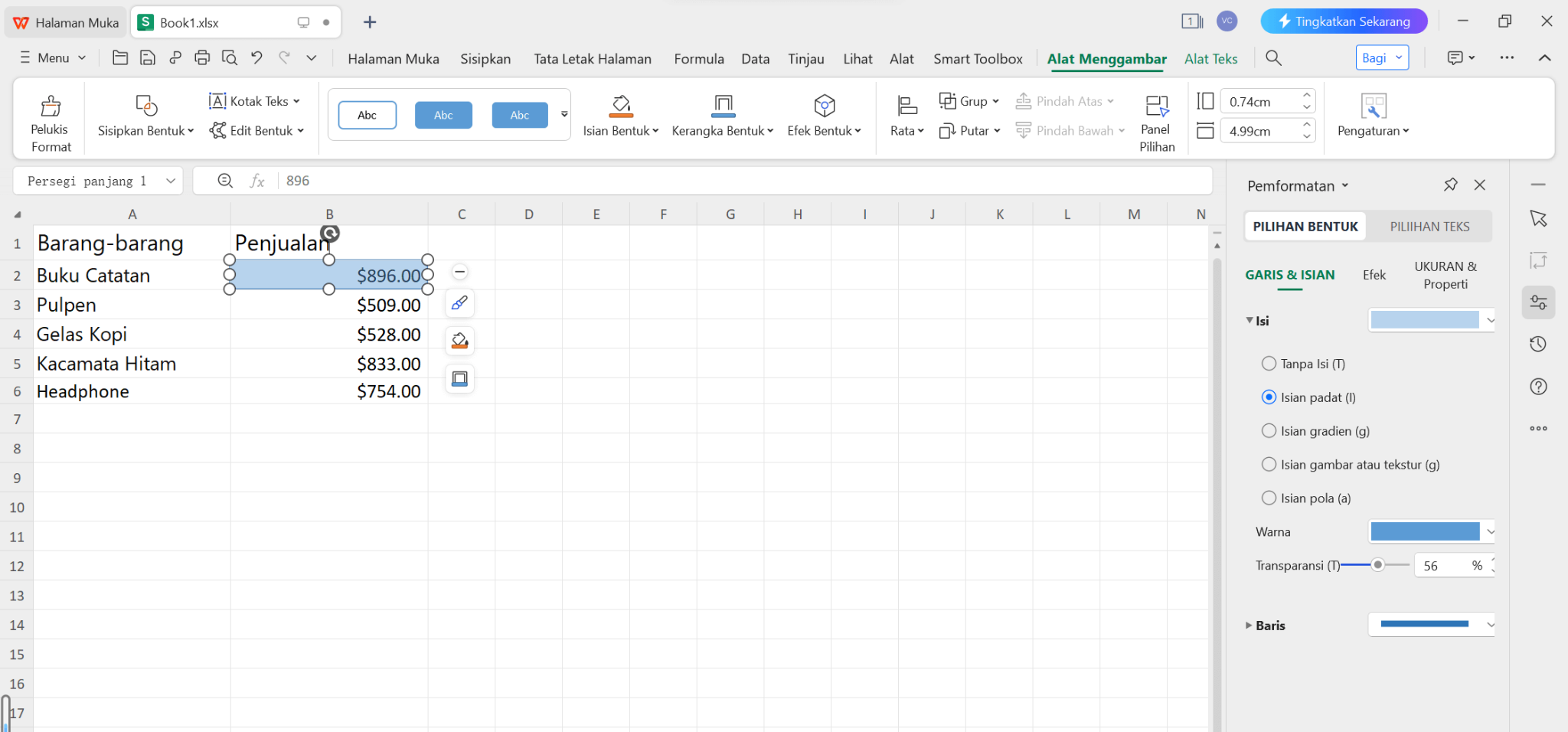 Penyesuaian Transparansi Bentuk WPS Spreadsheet