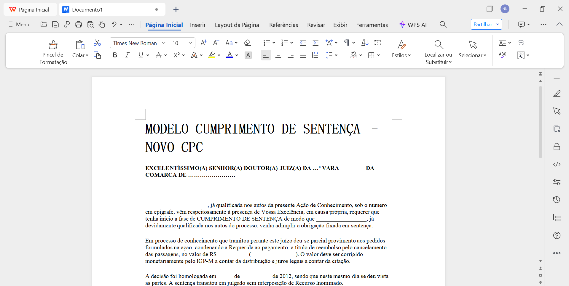 modelo de cumprimento de sentença no WPS Office