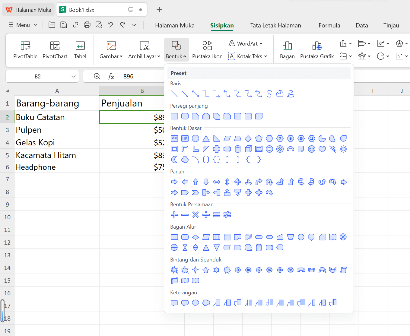 Sisipkan Bentuk di WPS Spreadsheet
