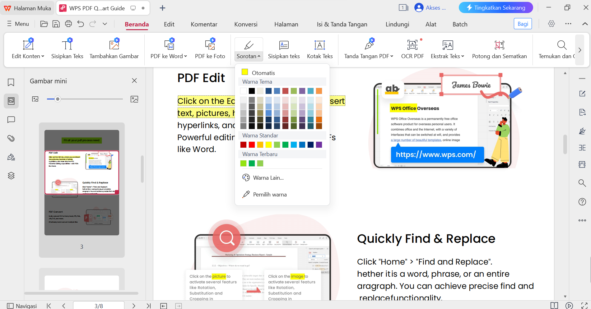 Pilihan warna Sorot WPS PDF