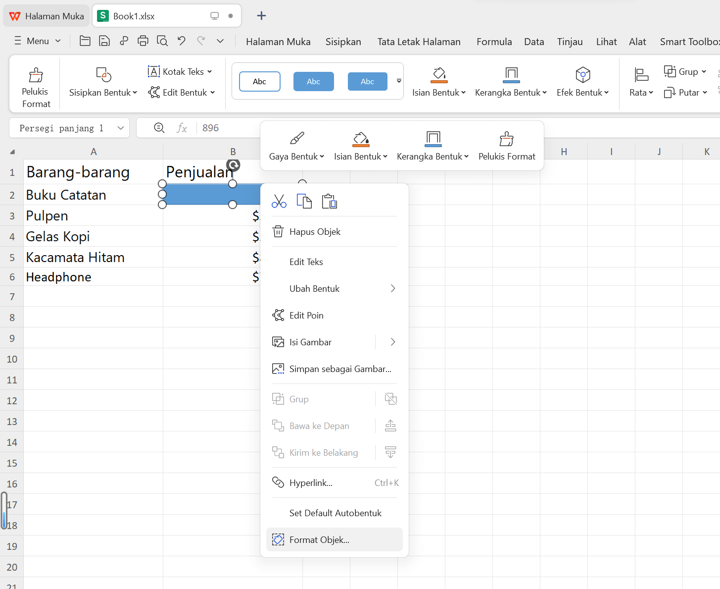 Format Objek WPS Spreadsheet