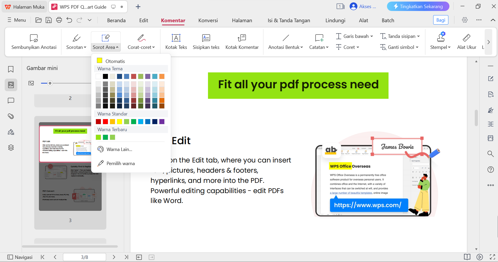 Opsi warna lebih banyak Area Sorotan WPS PDF