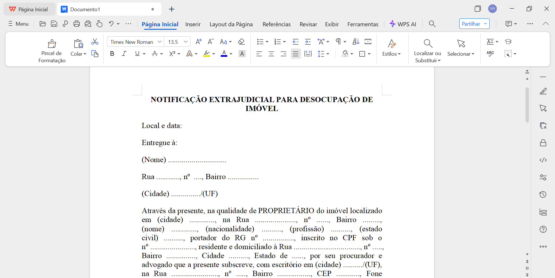 modelo de notificação extrajudicial no WPS Office