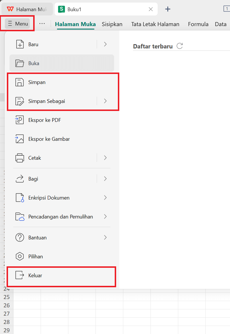 “File WPS Spreadsheet dengan petunjuk tentang tempat menyimpan file dan menutupnya”