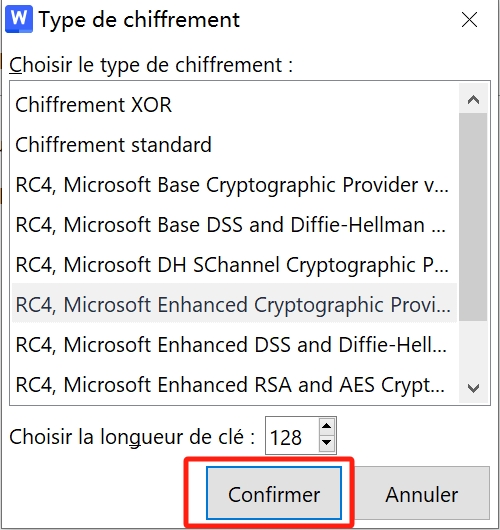 sélectionnez le type de cryptage avancé