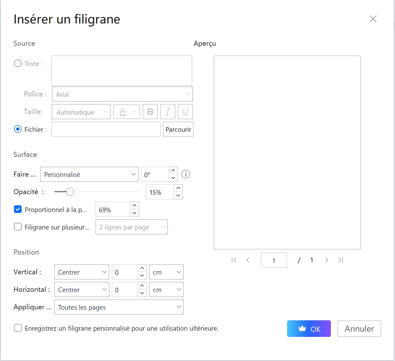 Paramètres de filigrane personnalisés