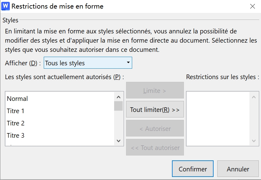 limiter la mise en forme à une sélection de styles
