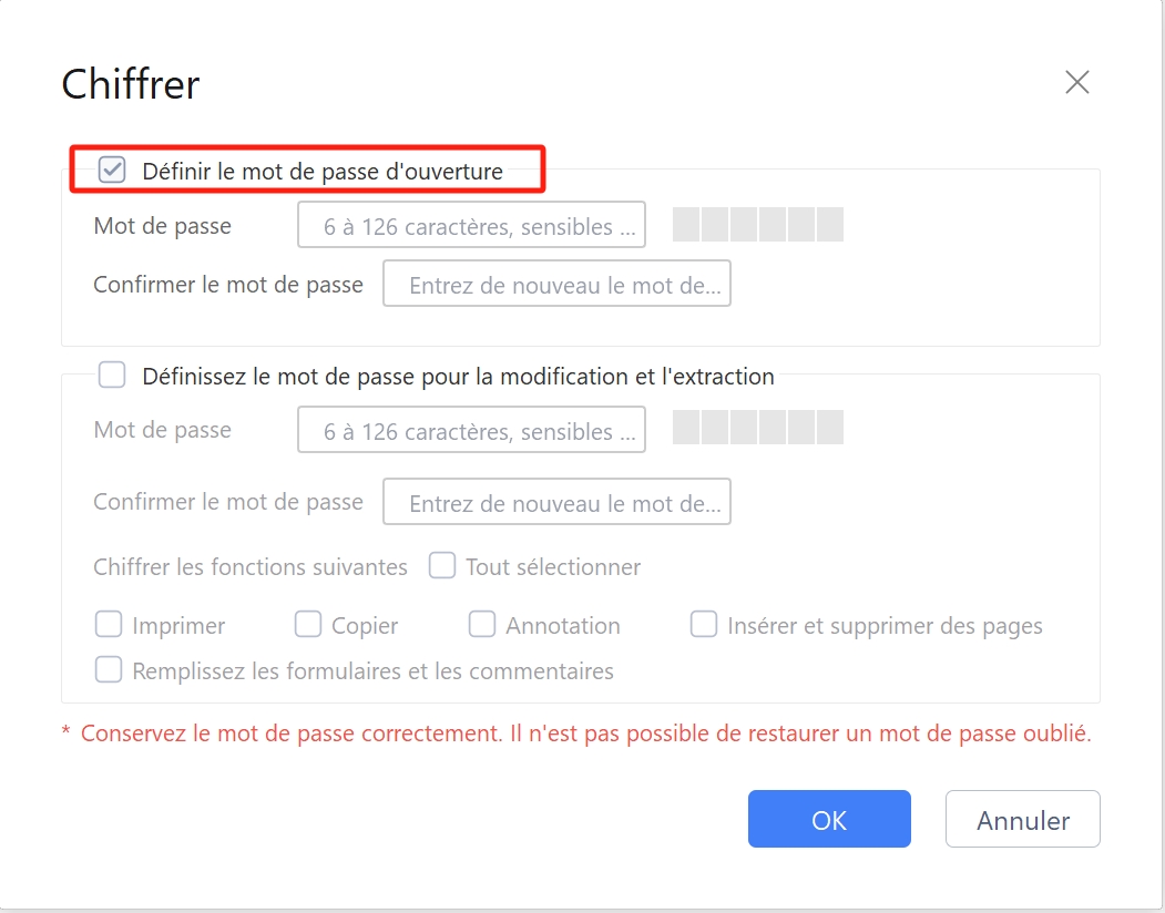 définir le mot de passe d'ouverture pour le PDF