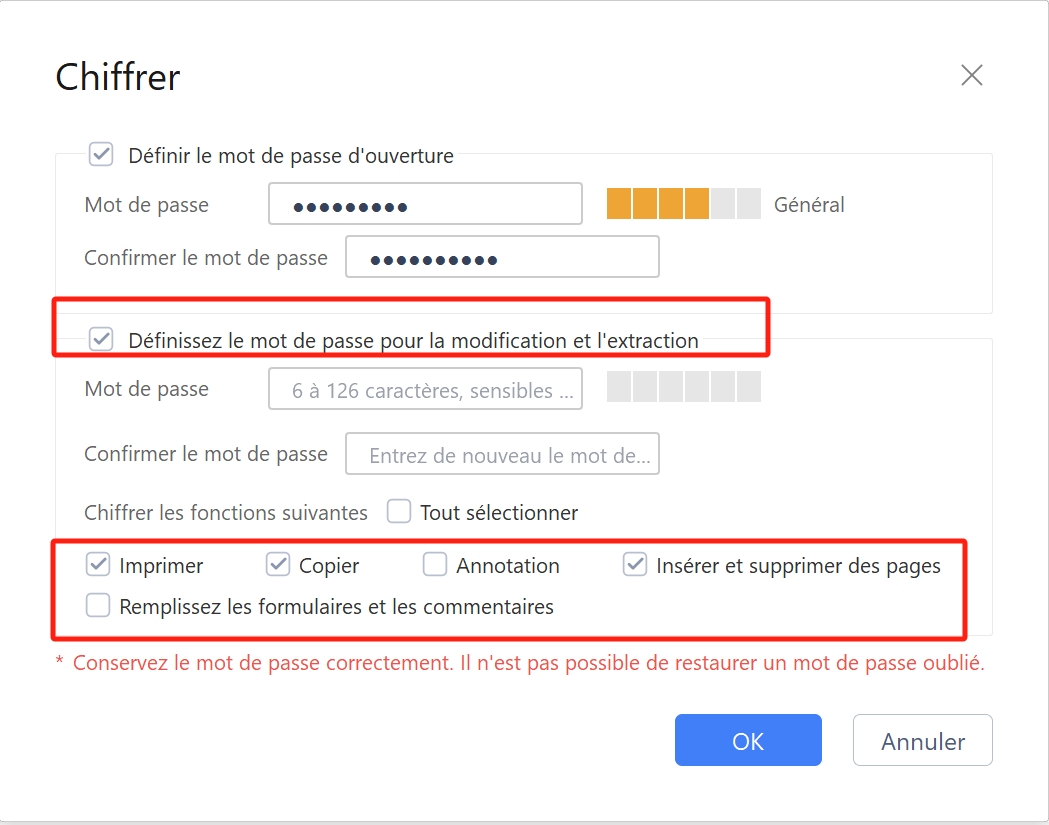 définir un mot de passe pour l'édition et l'extraction du PDF