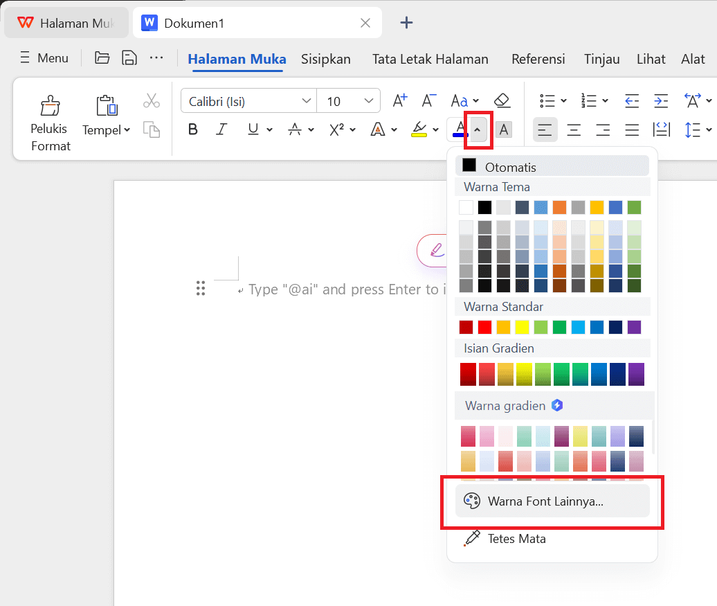 Pilihan warna sorotan yang berbeda di WPS Writer