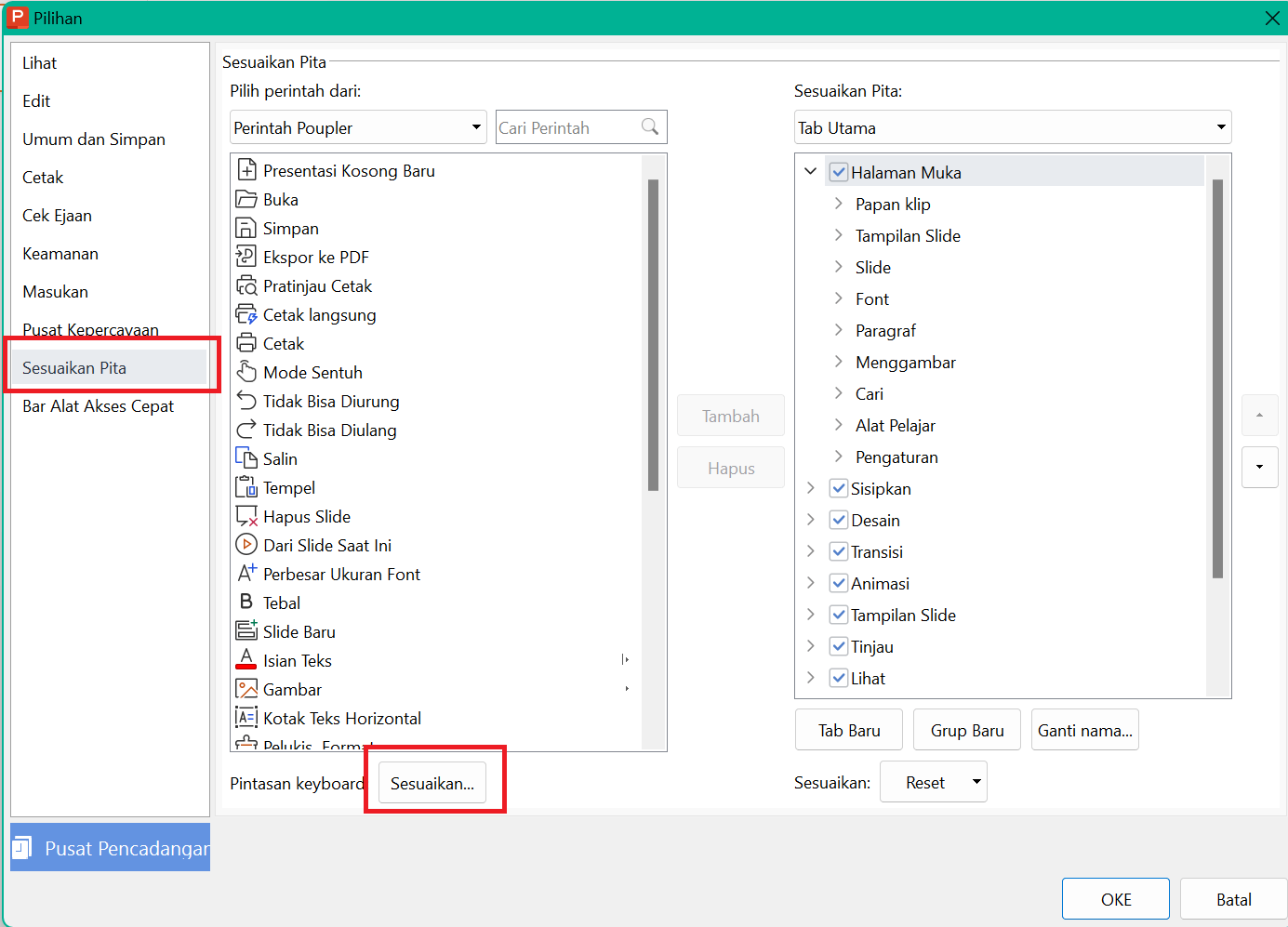 Kustomisasi Pintasan WPS Presentation