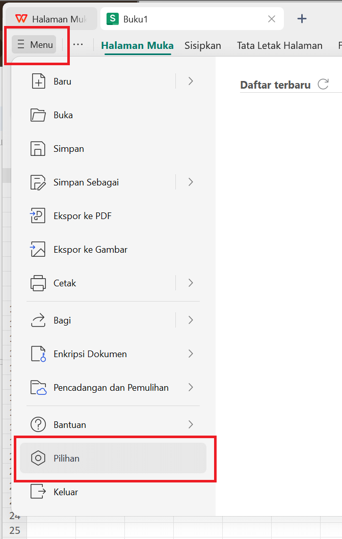 Menu WPS Spreadsheet