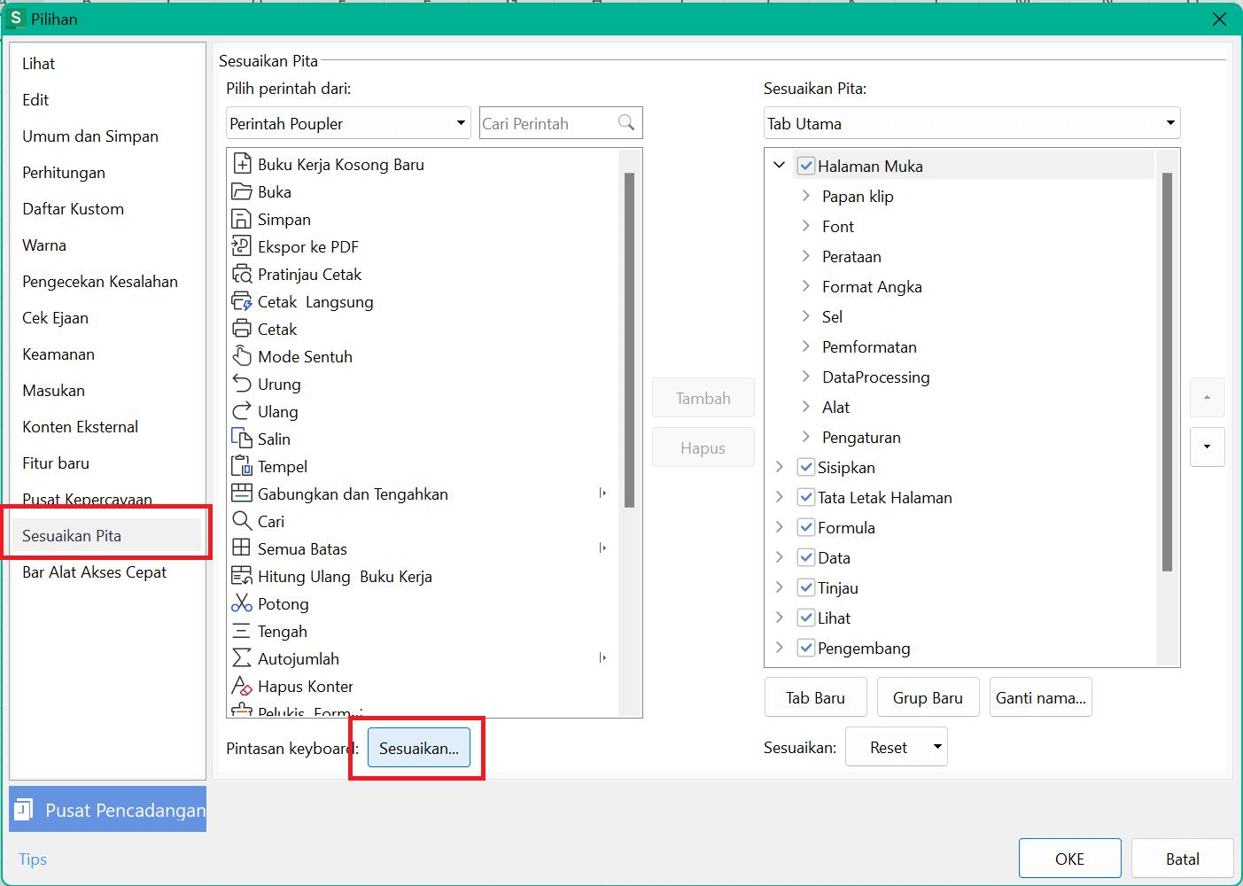 Kustomisasi pintasan WPS Spreadsheet