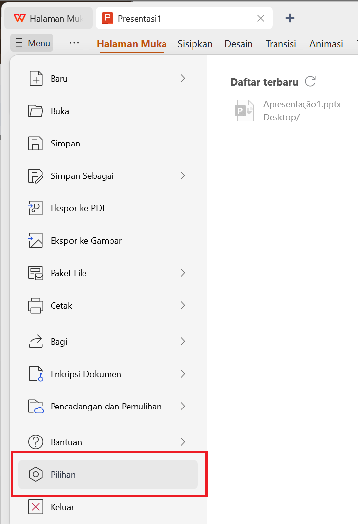 Menu WPS Presentation