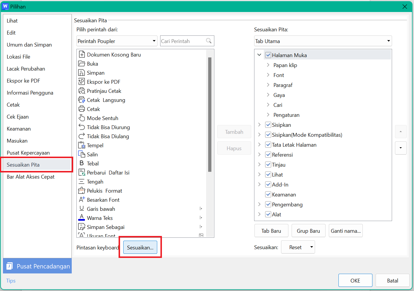Kustomisasi pintasan keyboard WPS Writer