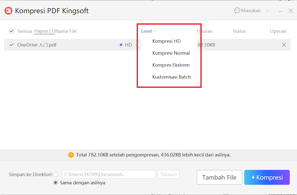 Tingkat kompresi PDF WPS